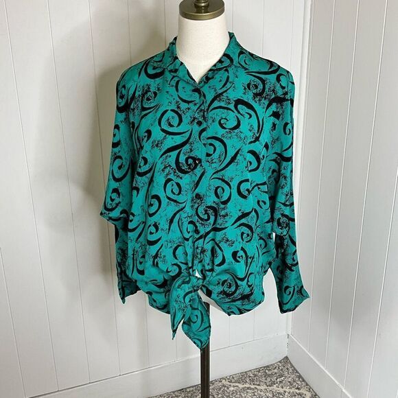 Vintage Saint Jermaine Paris Womens 1X Button Front Tunic Top Green Black Swirls - Picture 3 of 16